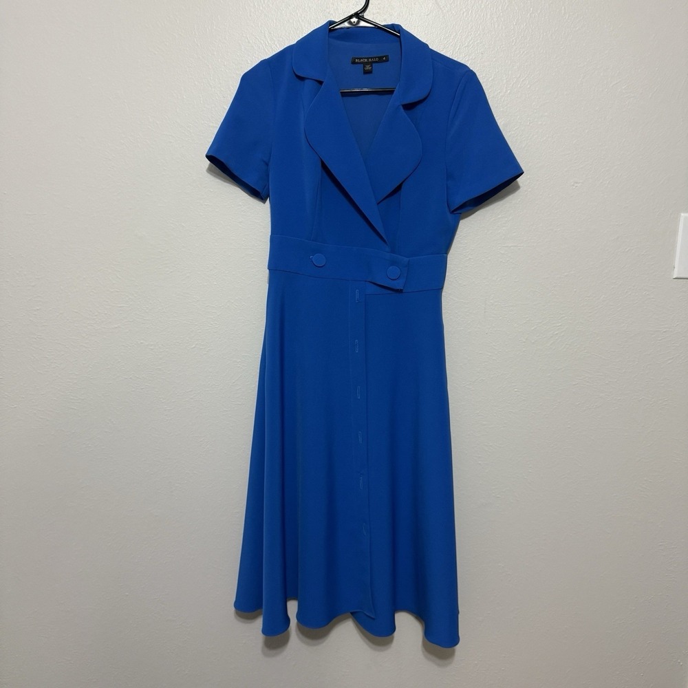 Black Halo Short Sleeve Fit & Flare Midi Dress Vintage Inspired Retro 50s Luxe - Picture 2 of 10